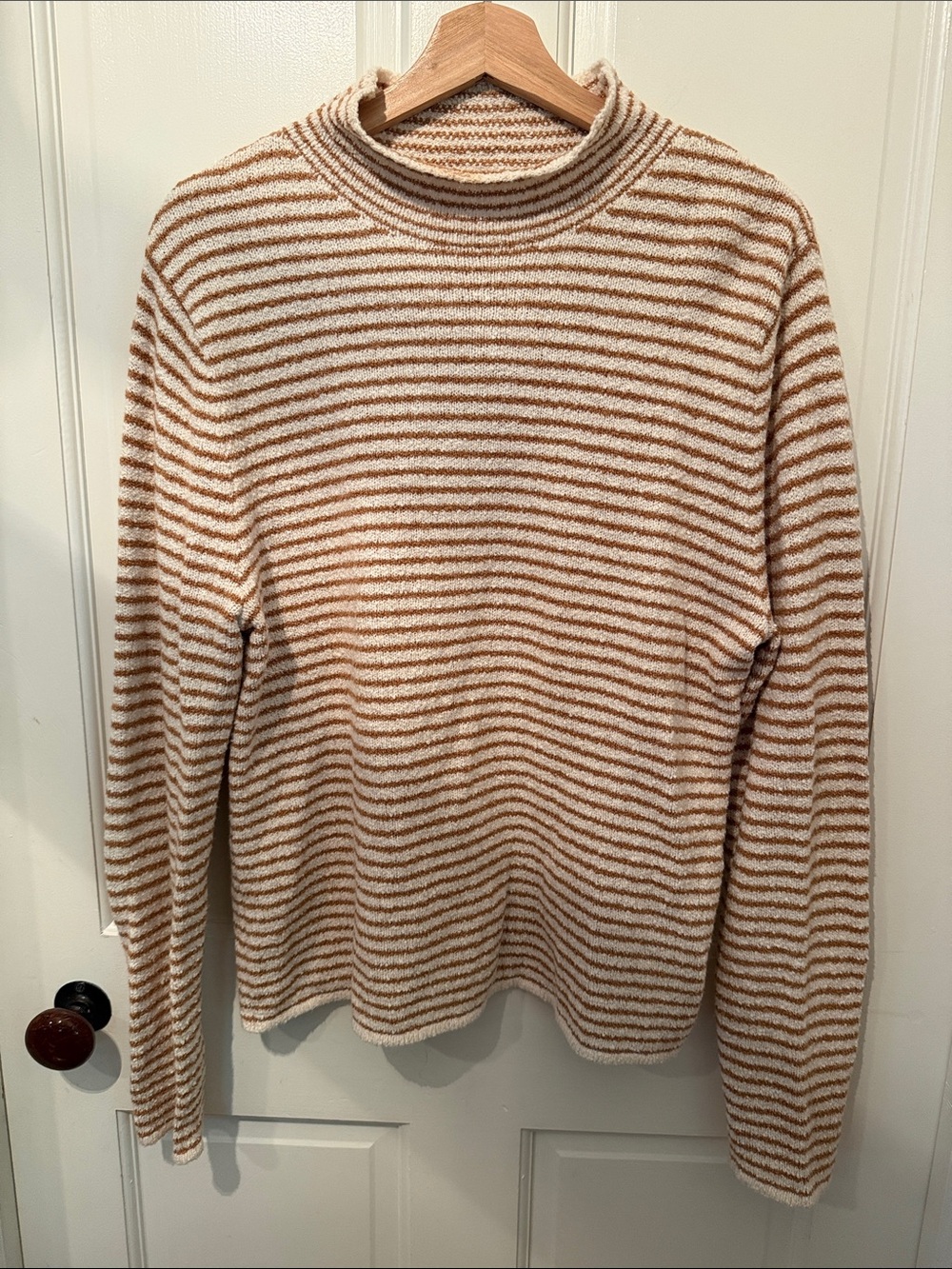 J. Crew Cream and Brown Striped Turtleneck Sweater
